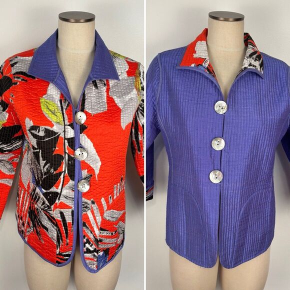 Patty Kim Floral Artsy Purple Reversible Quilted Shell Button Jacket Colorful - Picture 1 of 11